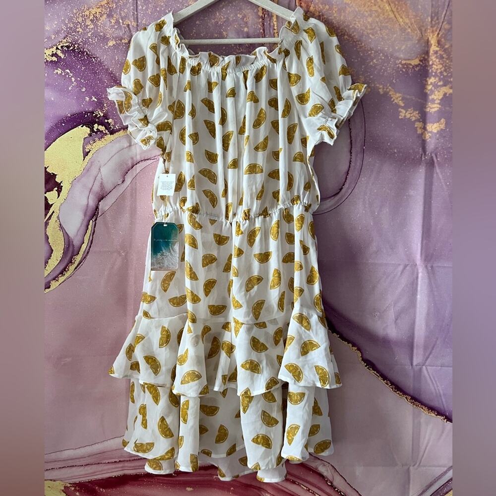5/$30 True Destinations Lemon Print Tiered Off the Shoulder Dress Coverup